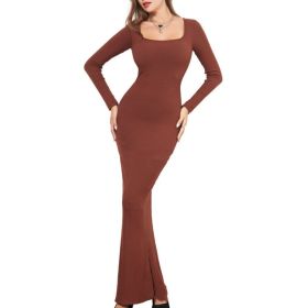 Two-in-one With Lining Double-layer Belly Contracting Hip Lifting Long Sleeve Narrow Dress (Option: Brown-S)