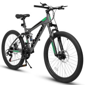A2460 24 Inch Mountain Bike With Full Suspension, 21 Speed Shifter Lever With Gear Indicator, High Carbon Steel Frame, Mechanical Disc Brakes, Un (Option: Gray)