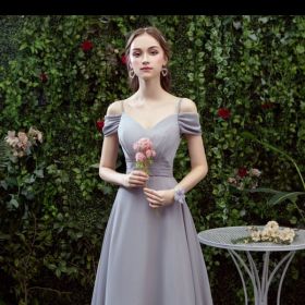 Bridesmaid Long Gray Bridesmaid Sisters Wedding Slimming Off-shoulder Banquet Dress (Option: Gray D-XS)
