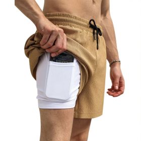 Men's 2 in 1 Running Shorts Athletic Shorts with Liner (Color: Khaki, size: XL)