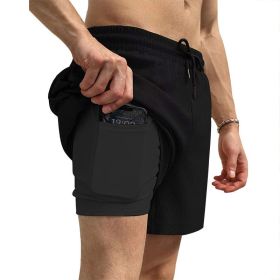 Men's 2 in 1 Running Shorts Athletic Shorts with Liner (Color: Black, size: XL)