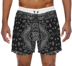 Paisley Bandana Print Swim Trunks Board Shorts (Color: Black, size: 2XL)