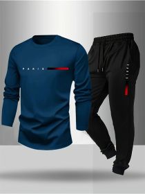 Athletic Tracksuit, Sweatshirt and Joggers Set with Red Accent, Casual Streetwear for Men (Color: Blue, size: XXL)