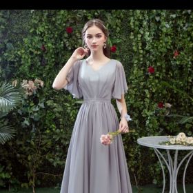 Bridesmaid Long Gray Bridesmaid Sisters Wedding Slimming Off-shoulder Banquet Dress (Option: Gray C-S)