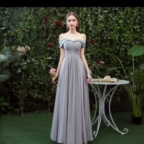 Bridesmaid Long Gray Bridesmaid Sisters Wedding Slimming Off-shoulder Banquet Dress (Option: Gray E-L)